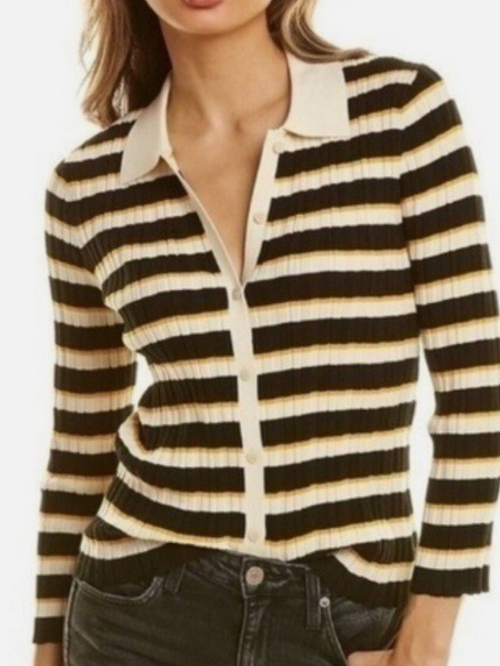 Theory Deep V Cardi Hudson Stripe Button Front Knit Top